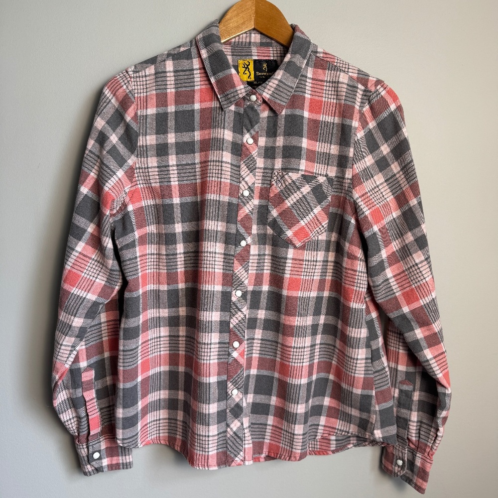 Browning Women's Plaid Light‎ Flannel Pearl Snap Long Sleeve Shirt Pink X-Large